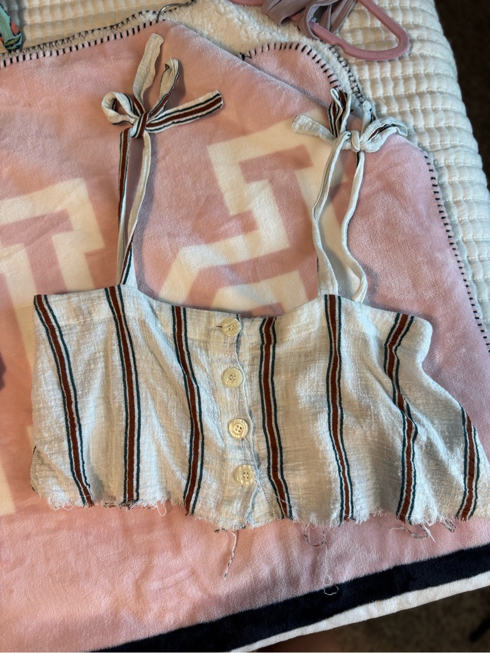 Striped Button-Front Tie-Shoulder Crop Top - White